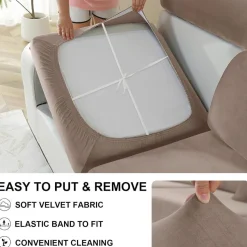 Cycmaco Samt Sitzkissenbezug für Sofas, Stretch, rutschfest, waschbar, Khaki