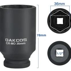DAKCOS 36mm Vielzahn Nuss, 12 Kant, 1/2 Zoll Antrieb, Schlagschrauber-Ausführung