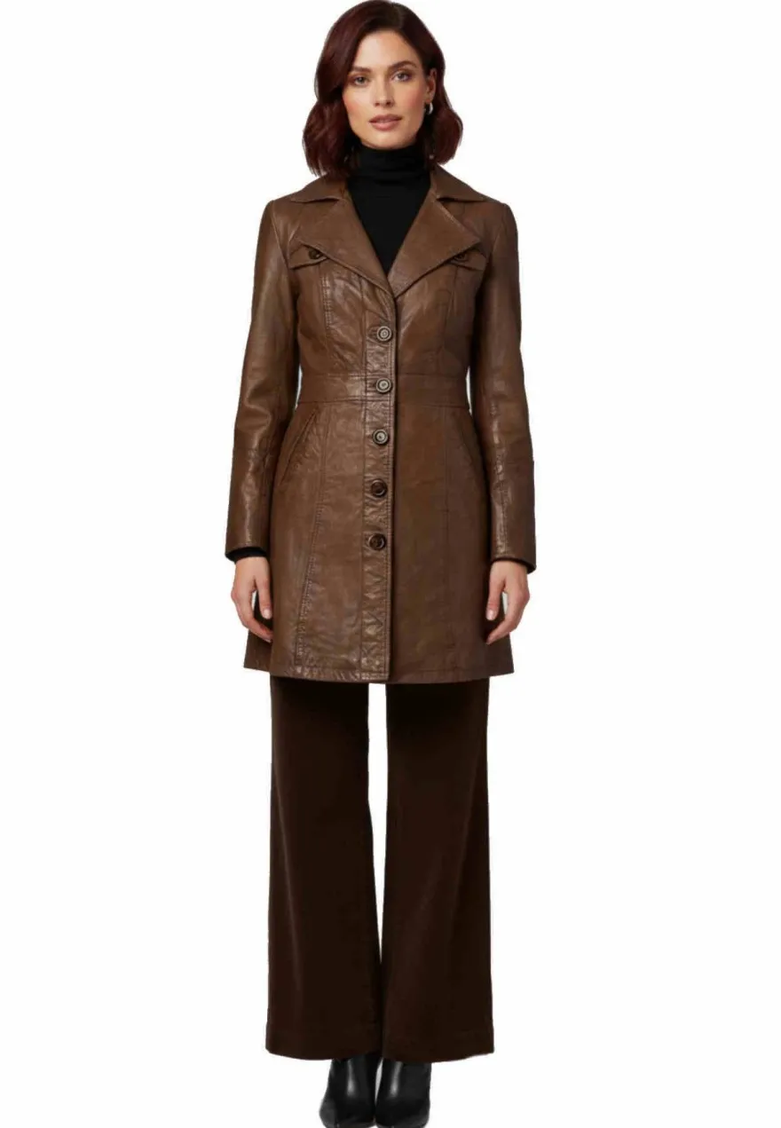 Damen Ledermantel Ricano Lucy Braun Echt Lammnappa Leder Kurzmantel Slim Fit Revers