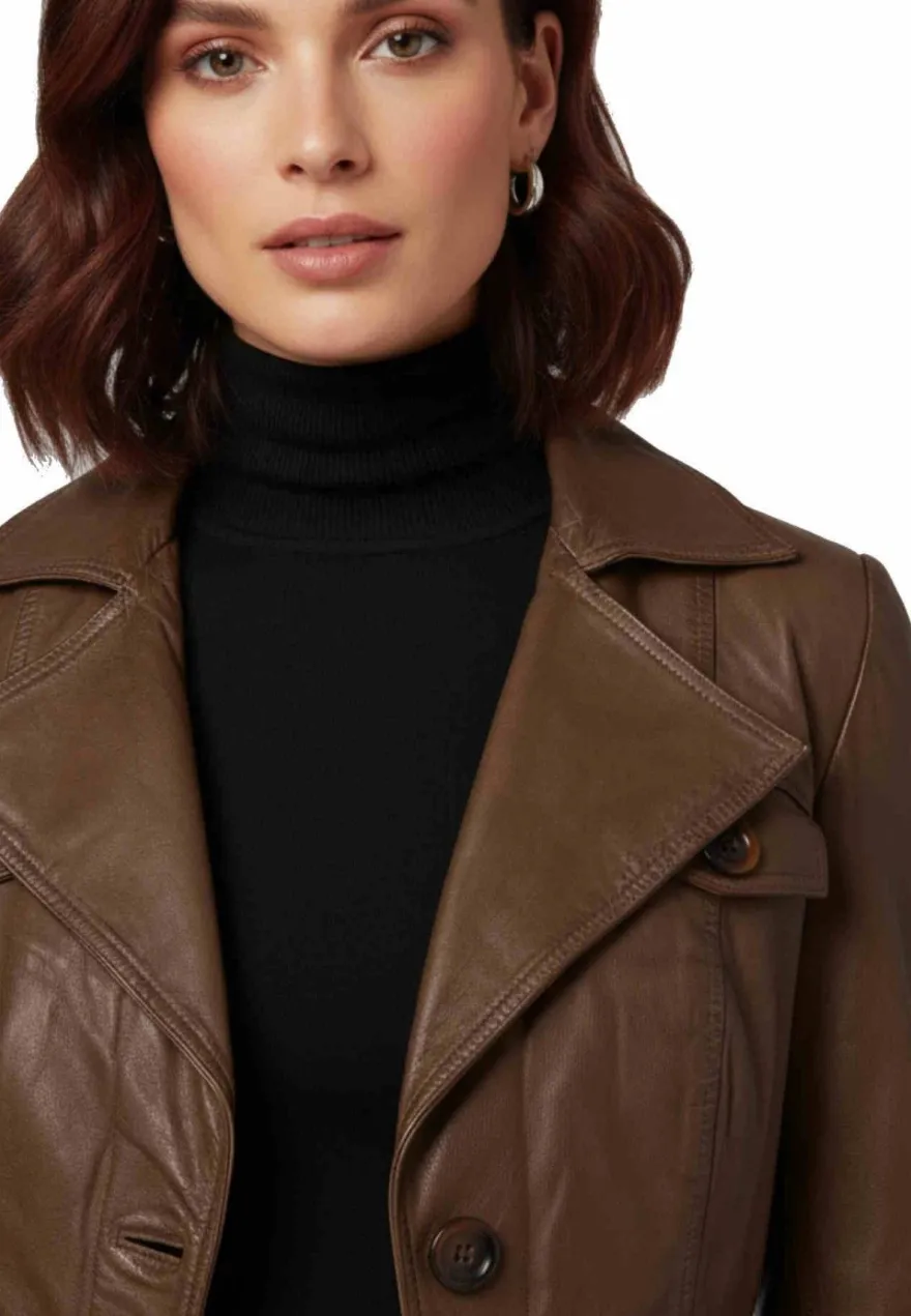 Damen Ledermantel Ricano Lucy Braun Echt Lammnappa Leder Kurzmantel Slim Fit Revers