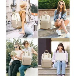 Damen Rucksack 15,6 Zoll Laptop Schulrucksack Reiserucksack Beige