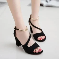 Damen-Sandale niedriger mittlerer Absatz Block Peep Toe Knochelriemen Riemen Freizeit