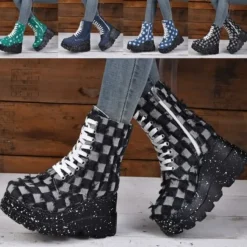 Damen Stiefeletten Mit Keilabsatz Plattform Frauen Lassig Party Schnuren Schuhe