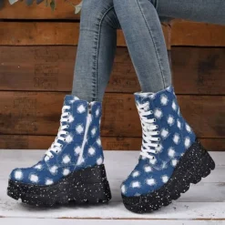 Damen Stiefeletten Mit Keilabsatz Plattform Frauen Lassig Party Schnuren Schuhe