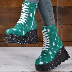 Damen Stiefeletten Mit Keilabsatz Plattform Frauen Lassig Party Schnuren Schuhe