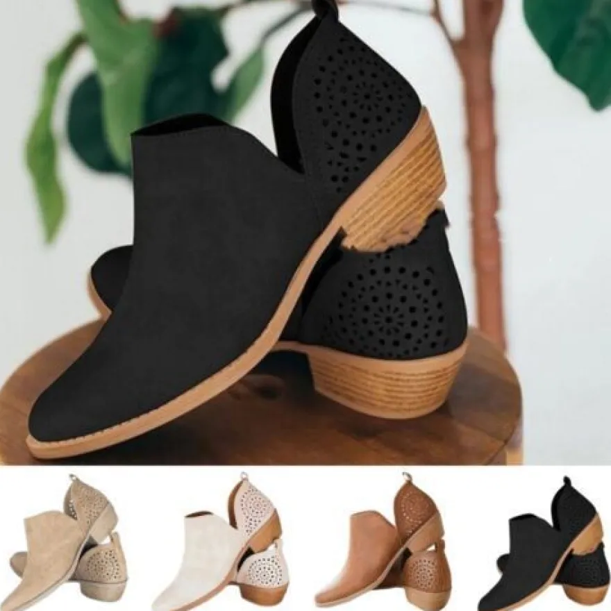 Damen Stiefeletten Runder Zeh Kurzer Bootie Frauen Retro Gehen Schlupfen Schuhe