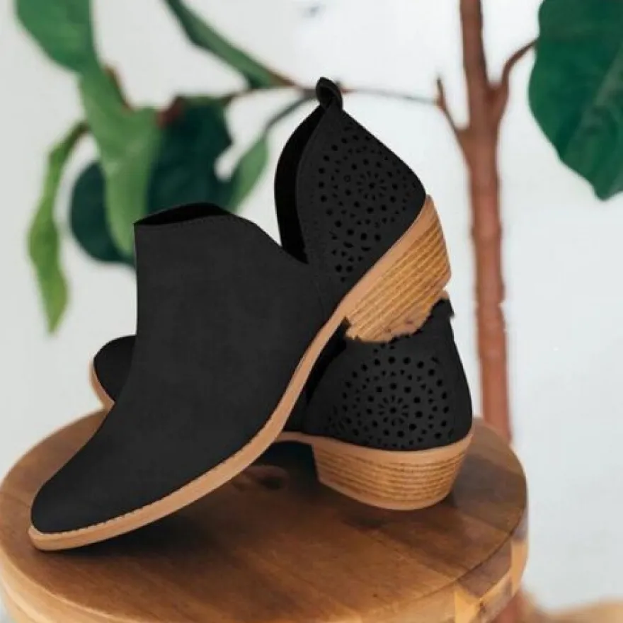 Damen Stiefeletten Runder Zeh Kurzer Bootie Frauen Retro Gehen Schlupfen Schuhe