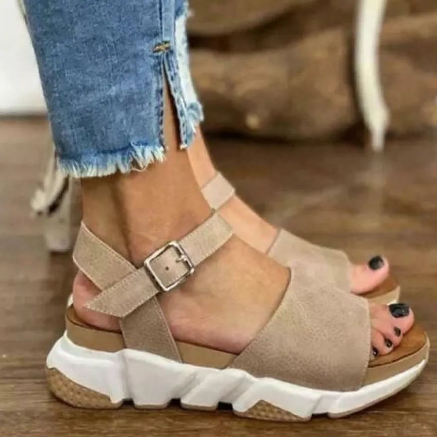 DE Damen Sommer Freizeit Plateau Offen Keilabsatz Schuhe Sandalen Knochelriemen