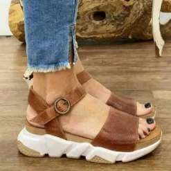 DE Damen Sommer Freizeit Plateau Offen Keilabsatz Schuhe Sandalen Knochelriemen