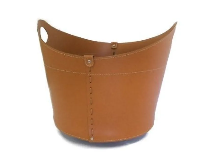 Designer Holzkorb Cadin Braun aus regeneriertem Leder mit Rollen