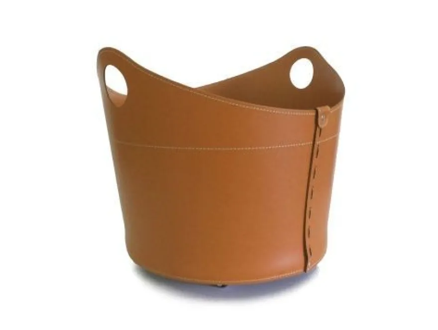 Designer Holzkorb Cadin Braun aus regeneriertem Leder mit Rollen