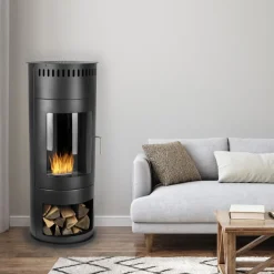 Design Ethanol Kamin rund freistehend 113 cm hoch mit Sichtfenster Schwarz Standkamin