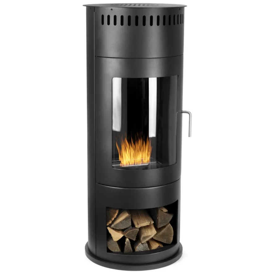 Design Ethanol Kamin rund freistehend 113 cm hoch mit Sichtfenster Schwarz Standkamin