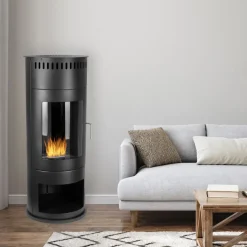 Design Ethanol Kamin rund freistehend 113 cm hoch mit Sichtfenster Schwarz Standkamin