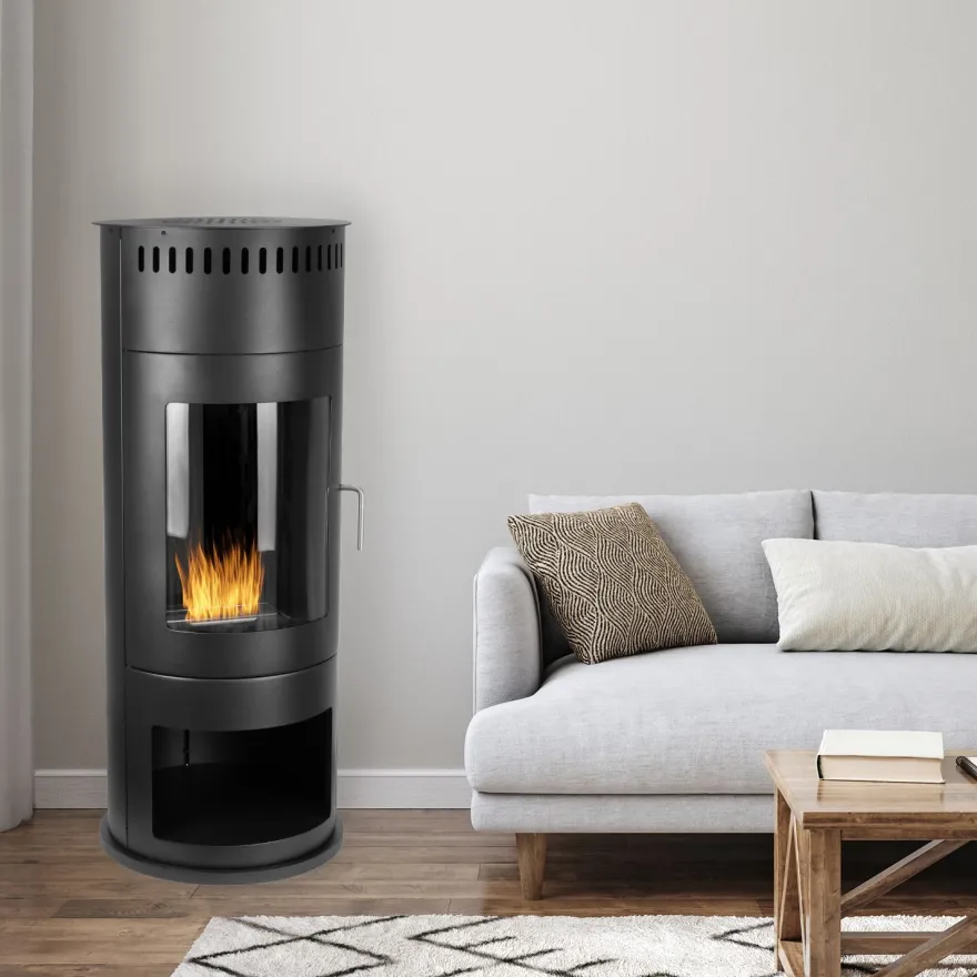 Design Ethanol Kamin rund freistehend 113 cm hoch mit Sichtfenster Schwarz Standkamin