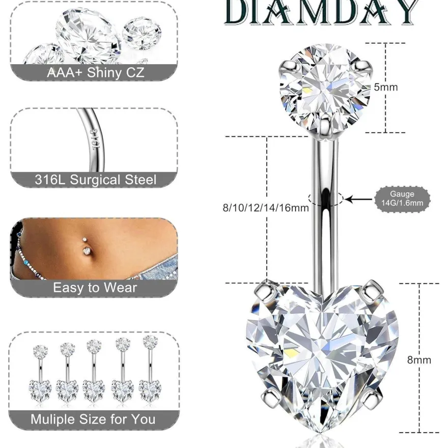 Diamday Bauchnabelpiercing 316L Chirurgenstahl mit CZ, 14G, wählbare Längen