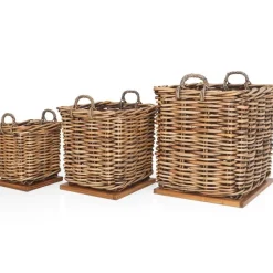 Dickes CL Rattan Korb Cestino braun ca.70cm Teakbodenplatte Pflanzkorb Griffe