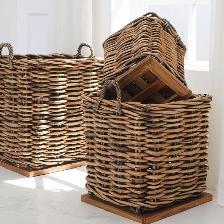 Dickes CL Rattan Korb Cestino braun ca.70cm Teakbodenplatte Pflanzkorb Griffe