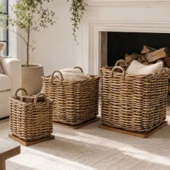 Dickes CL Rattan Korb Cestino braun ca.70cm Teakbodenplatte Pflanzkorb Griffe