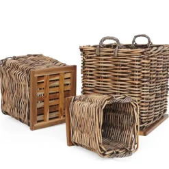 Dickes CL Rattan Korb Cestino braun ca.70cm Teakbodenplatte Pflanzkorb Griffe