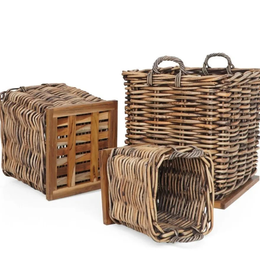 Dickes CL Rattan Korb Cestino braun ca.70cm Teakbodenplatte Pflanzkorb Griffe