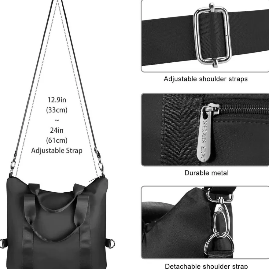 DOB SECHS Damen Handtasche XL Schwarz, wasserdichtes Nylon, Umhängetasche