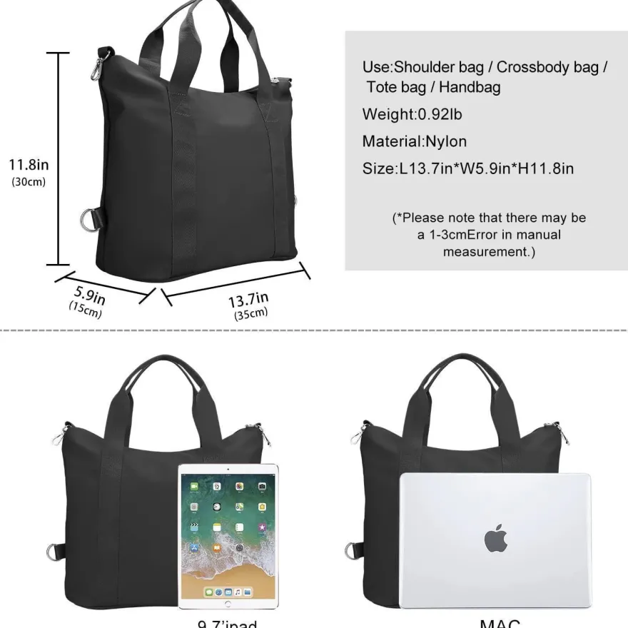 DOB SECHS Damen Handtasche XL Schwarz, wasserdichtes Nylon, Umhängetasche