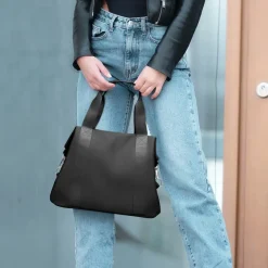 DOB SECHS Damen Handtasche XL Schwarz, wasserdichtes Nylon, Umhängetasche