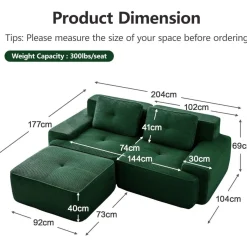 Dolamaní Boneless Modulares 2-Sitzer Sofa + 1 Hocker, Cord, Montagefrei