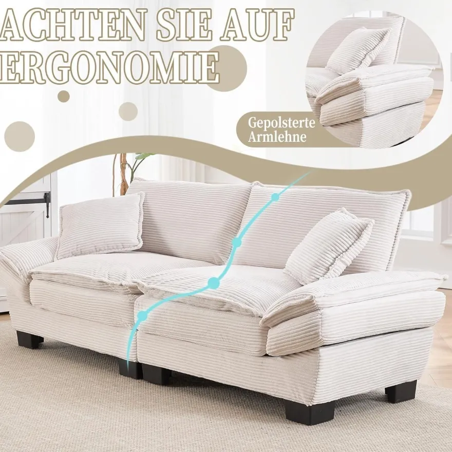 Dolamaní Polstersofa 2-Sitzer Couch mit gepolsterten Armlehnen und Beinen