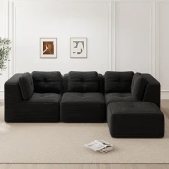 Dolamaní 3-Sitzer Modulares Ecksofa aus Cordstoff mit 1 Fußstütze - Schwarz