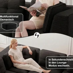 Dolamaní 3-Sitzer Modulares Ecksofa aus Cordstoff mit 1 Fußstütze - Schwarz