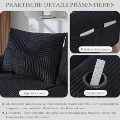 Dolamaní 4-Sitzer U-Form Sofa aus Cord mit 2 Hockern, Getränkehalter