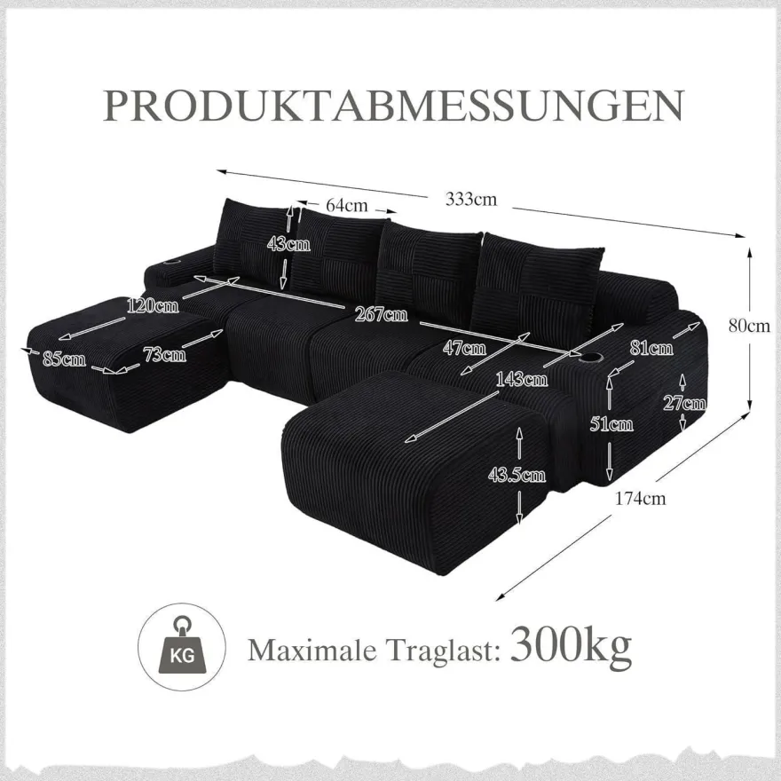 Dolamaní 4-Sitzer U-Form Sofa aus Cord mit 2 Hockern, Getränkehalter