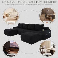 Dolamaní 4-Sitzer U-Form Sofa aus Cord mit 2 Hockern, Getränkehalter