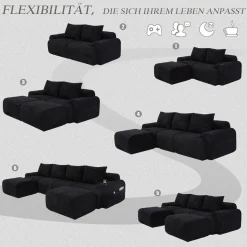 Dolamaní 4-Sitzer U-Form Sofa aus Cord mit 2 Hockern, Getränkehalter