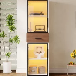 Dolamaní Vitrine 200 cm hoch mit LED Beleuchtung, 2 Glastüren, Schublade