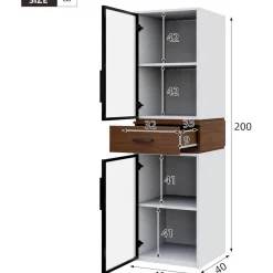 Dolamaní Vitrine 200 cm hoch mit LED Beleuchtung, 2 Glastüren, Schublade