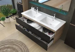 Doppelwaschtisch Schwarz / Eiche Hochglanz Doppel Waschbecken Badmöbel Set 120
