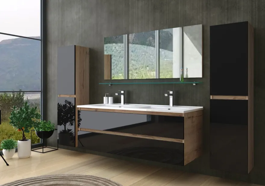 Doppelwaschtisch Schwarz / Eiche Hochglanz Doppel Waschbecken Badmöbel Set 120