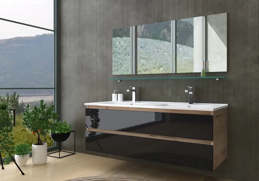 Doppelwaschtisch Schwarz / Eiche Hochglanz Doppel Waschbecken Badmöbel Set 120