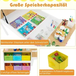 Dreamade 3-in-1 Kindertisch mit 2 Stühlen aus Holz, kippbarer Tischplatte und 6