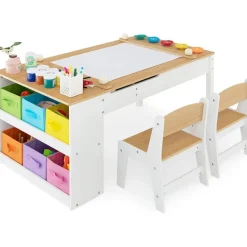 Dreamade 3-in-1 Kindertisch mit 2 Stühlen aus Holz, kippbarer Tischplatte und 6