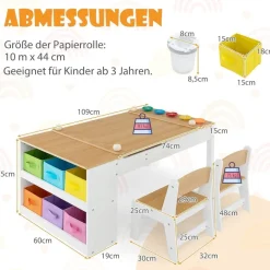 Dreamade 3-in-1 Kindertisch mit 2 Stühlen aus Holz, kippbarer Tischplatte und 6