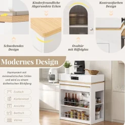DRIXNO Kücheninsel mit Rollen, ausziehbarer Esstisch, Bartisch mit Steckdosen