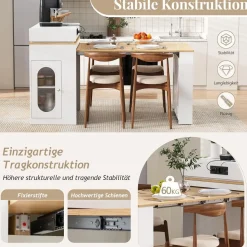 DRIXNO Kücheninsel mit Rollen, ausziehbarer Esstisch, Bartisch mit Steckdosen