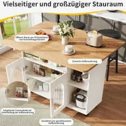DRIXNO Kücheninsel mit Rollen, abnehmbarer Servierwagen, weißer Buffetschrank