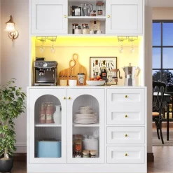 DRIXNO Küchenschrank mit LED-Beleuchtung, 4 Türen, Sideboard für Küche