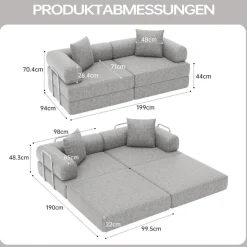 Duraspace 199cm Schlafsofa aus Chenille-Gewebe, klappbar und modular, Grau