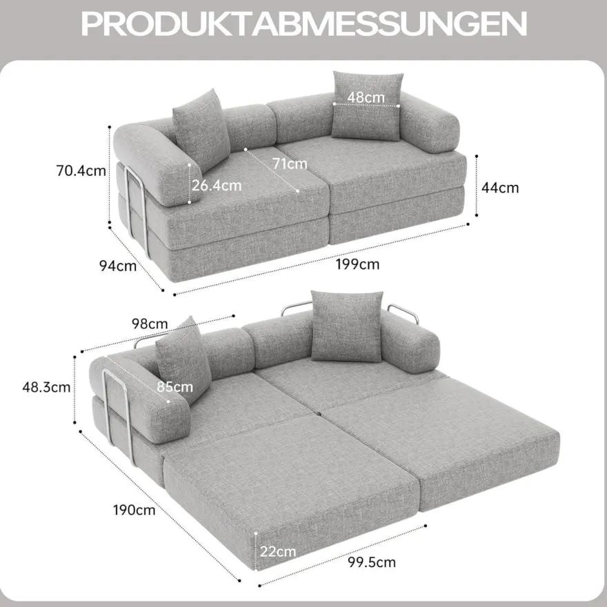 Duraspace 199cm Schlafsofa aus Chenille-Gewebe, klappbar und modular, Grau